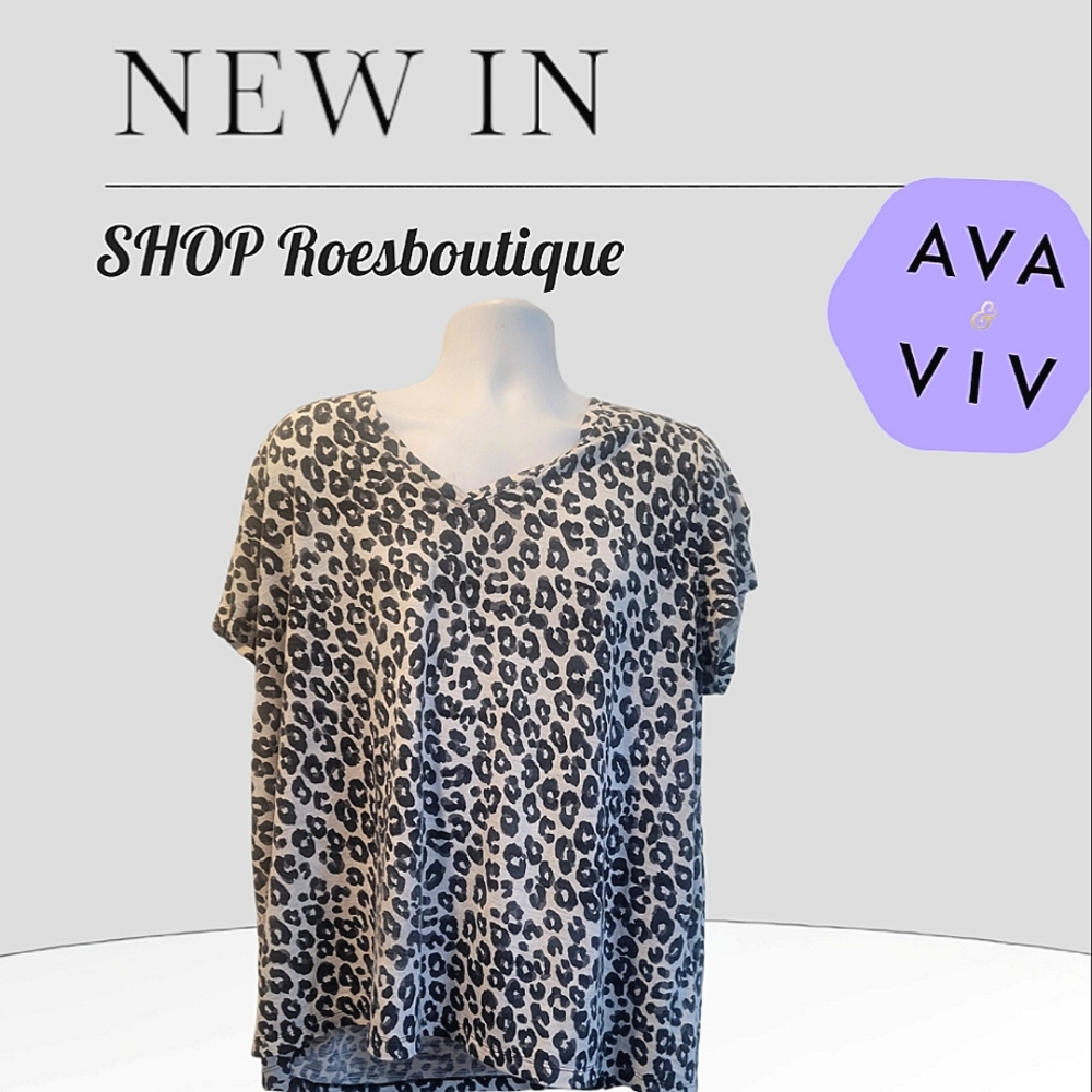 🌸AVA & VIV Woman’s Plus Sz 3X Animal Print Cream Black Top Cotton Spandex